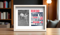 Baseball dad gift photo frame with a father and son picture, "Dear Dad Thank You" text, and baseball bat graphics.