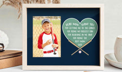 Baseball mom gift photo frame with a picture, heart graphic, and personalized "Best Mom Ever" text.