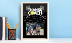 Lacrosse coach gift photo frame with a team picture, yellow ball, and personalized player signatures.