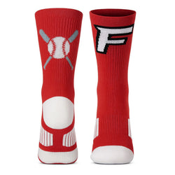 Red socks with baseball and letter 'F' design on a white background