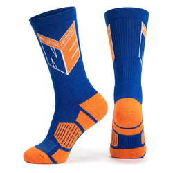 Blue and orange socks with lacrosse design on a white background