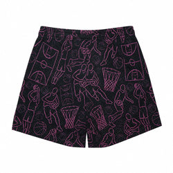 Black athletic shorts featuring a pink basketball-themed all-over print with line drawings of players, hoops, balls, and court markings, shown flat against a white background.