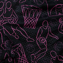 Black fabric with a pink and purple basketball-themed line art pattern featuring silhouettes of players, hoops, and basketballs.