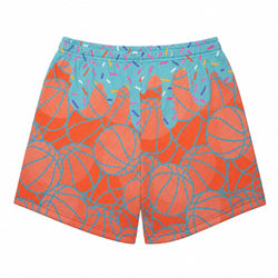 A pair of shorts featuring a vibrant orange and turquoise basketball pattern with a sprinkle design on the waistband, shown against a plain white background.