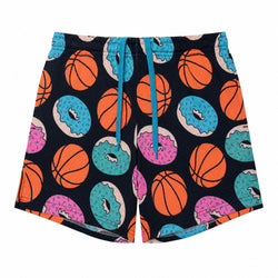 A pair of athletic shorts featuring a colorful pattern of orange basketballs and pink, blue, and purple donuts on a black background, with a teal drawstring.
