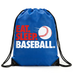 Blue drawstring bag with 'Eat. Sleep. Baseball.' text and a baseball graphic on a white background