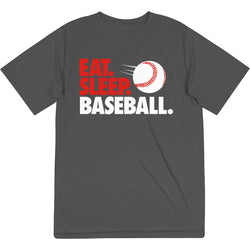 Gray t-shirt with 'Eat. Sleep. Baseball.' text and a baseball graphic on a white background
