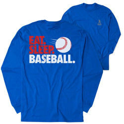 Blue long-sleeve shirt with 'Eat. Sleep. Baseball.' text and baseball graphic on a white background