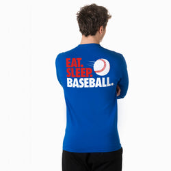Person wearing a blue shirt with 'Eat. Sleep. Baseball.' text on the back.