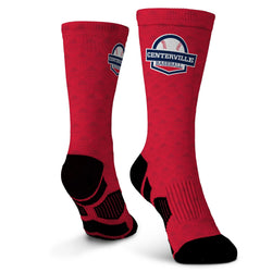 Red socks with black toes and heels featuring a 'Centerville Baseball' logo on a white background.