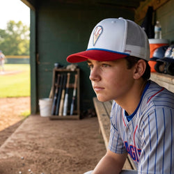 Young baseball player in a dugout wearing a cap and jersey.