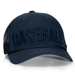 Navy blue baseball cap with 'BASEBALL' text on a white background