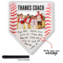 Personalized 'Thank Coach' baseball-plate shaped sign with photo of a coach and players, and space to write a message.