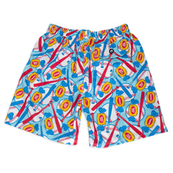 Colorful swim shorts with candy-themed baseball pattern on a white background