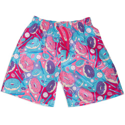 Colorful swim shorts with donut & baseball bat pattern on a white background