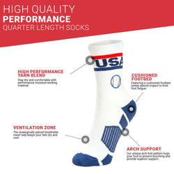 A single white crew sock with blue and red accents, featuring the letters 'USA' and a baseball graphic on the cuff, set against a plain white background.
