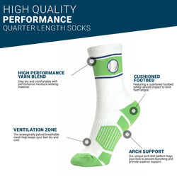 A single crew sock in white and bright green with navy blue stripes, featuring a baseball graphic on the upper cuff and textured green panels on the foot, shown against a plain white background.