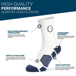 A single white crew sock with navy blue accents, featuring a baseball graphic on the upper calf and textured navy heel and toe sections, shown on a plain white background.