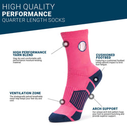 A single athletic crew sock in bright pink and navy blue, featuring a baseball graphic on the upper calf, shown against a plain white background.