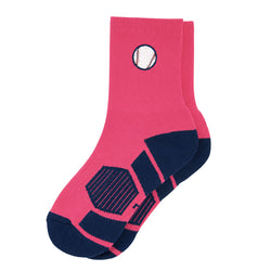 A pair of crew socks in bright pink and navy blue, featuring a baseball graphic on the upper cuff and navy blue grip patterns on the sole, shown against a plain light gray background.