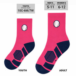 A pair of athletic crew socks in bright pink and navy blue, featuring a white baseball graphic on the cuff and textured support zones on the foot.