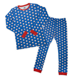A two-piece long-sleeve pajama set featuring a royal blue base with an all-over baseball print, red collar and cuff trim, and red wrist cuffs on the long-sleeve top, laid flat on a white background.