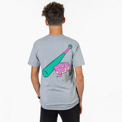 Person wearing a gray t-shirt with a colorful baseball bat and donut design on the back, standing against a white background