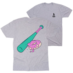 Gray t-shirt with a colorful graphic of a baseball bat and donut on the front, displayed on a white background.