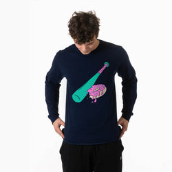 Person wearing a navy blue long-sleeve shirt with a colorful graphic of a baseball bat and donut on a white background