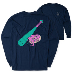 Navy blue long-sleeve shirt with a colorful graphic of a baseball bat and donut on a white background