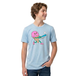 Person wearing a light blue t-shirt with a cartoon ice cream cone character holding a baseball bat on a white background
