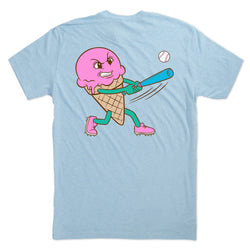 Light blue t-shirt with a pink ice cream cone character playing baseball on the back.