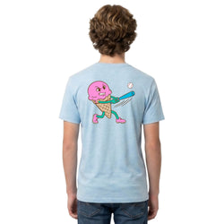 Person wearing a light blue t-shirt with a cartoon ice cream character design on the back.