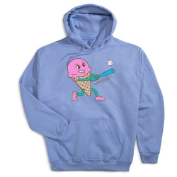 Light blue hoodie with a cartoon character of a ice cream cone holding a baseball bat on a white background