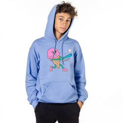 Person wearing a blue hoodie with a colorful baseball ice cream graphic design on a white background