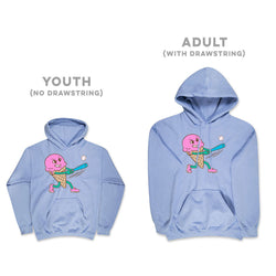 Light blue hoodies with a cartoon character design on a white background