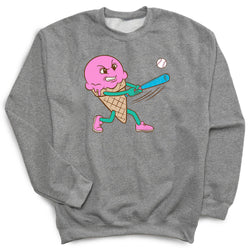 Gray sweatshirt with a pink ice cream cone character holding a baseball bat and ball on a white background
