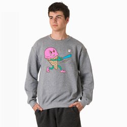 Person wearing a gray sweatshirt with a colorful baseball ice cream cone graphic on a white background