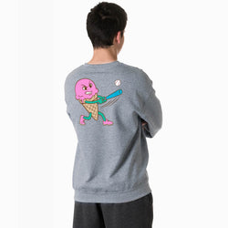 Person wearing a gray sweatshirt with a colorful ice cream cone character holding a baseball bat on the back.