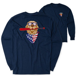 Navy blue long-sleeve shirt with a graphic of a dog wearing sunglasses and a bandana, holding a baseball bat.