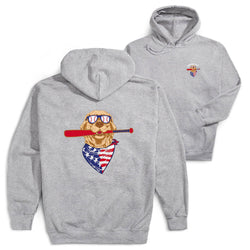 Gray hoodie with a dog wearing sunglasses and an American flag bandana, holding a baseball bat on the front, and a small logo on the back.