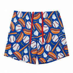 Blue athletic shorts featuring a repeating pattern of hot dogs, baseballs, bats, and wavy lines, with a red drawstring waist.