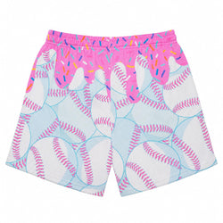 A pair of kids' athletic shorts featuring a playful baseball print with a bright pink dripping frosting and sprinkle pattern on a white mesh background.