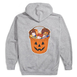 A heather gray pullover hoodie shown from the back, featuring a large graphic of a jack-o'-lantern bucket filled with assorted Halloween treats and baseball gloves.