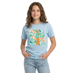 Person wearing a light blue t-shirt with a cheer graphic design on a white background
