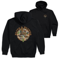 Two black hoodies shown on a white background, with the back view in front and the front view behind. The back hoodie features a large circular 'Blitz & Blinds' graphic with a camouflage duck and football.
