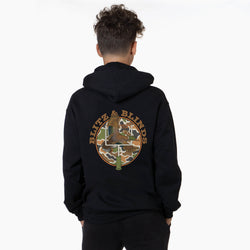 A person viewed from behind wearing a black hoodie with a large circular graphic on the back. The graphic includes a duck and the text 'BLITZ & BLINDS' in tan around a camouflage background.