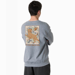 A man viewed from behind wearing a heather gray crewneck sweatshirt with a large graphic on the back featuring a golden retriever and the text 'GOLDEN RECEIVER'.
