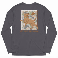 A dark gray long-sleeve t-shirt shown from the back, featuring a graphic of a golden retriever dog jumping to catch a football over a camouflage background, with the text 'GOLDEN RECEIVER' printed below.
