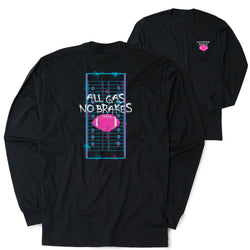 Black long-sleeve t-shirt shown from both front and back. The back features a large graphic of a football on a field with the text 'ALL GAS NO BRAKES' in white, accented with blue and pink neon details.